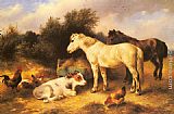 Poultry Canvas Paintings - Ponies, A Calf and Poultry In a Farmyard